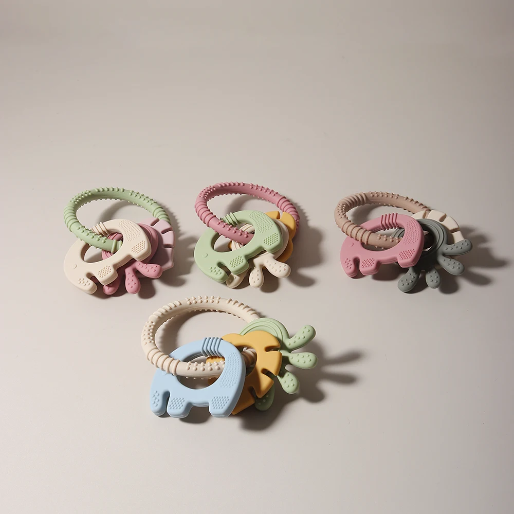4 In One Baby Silicone Teether Ring BPA Free Rattles Bracelet Food Grade Elephant Cute Octopus Shaped Teething Ring Toys