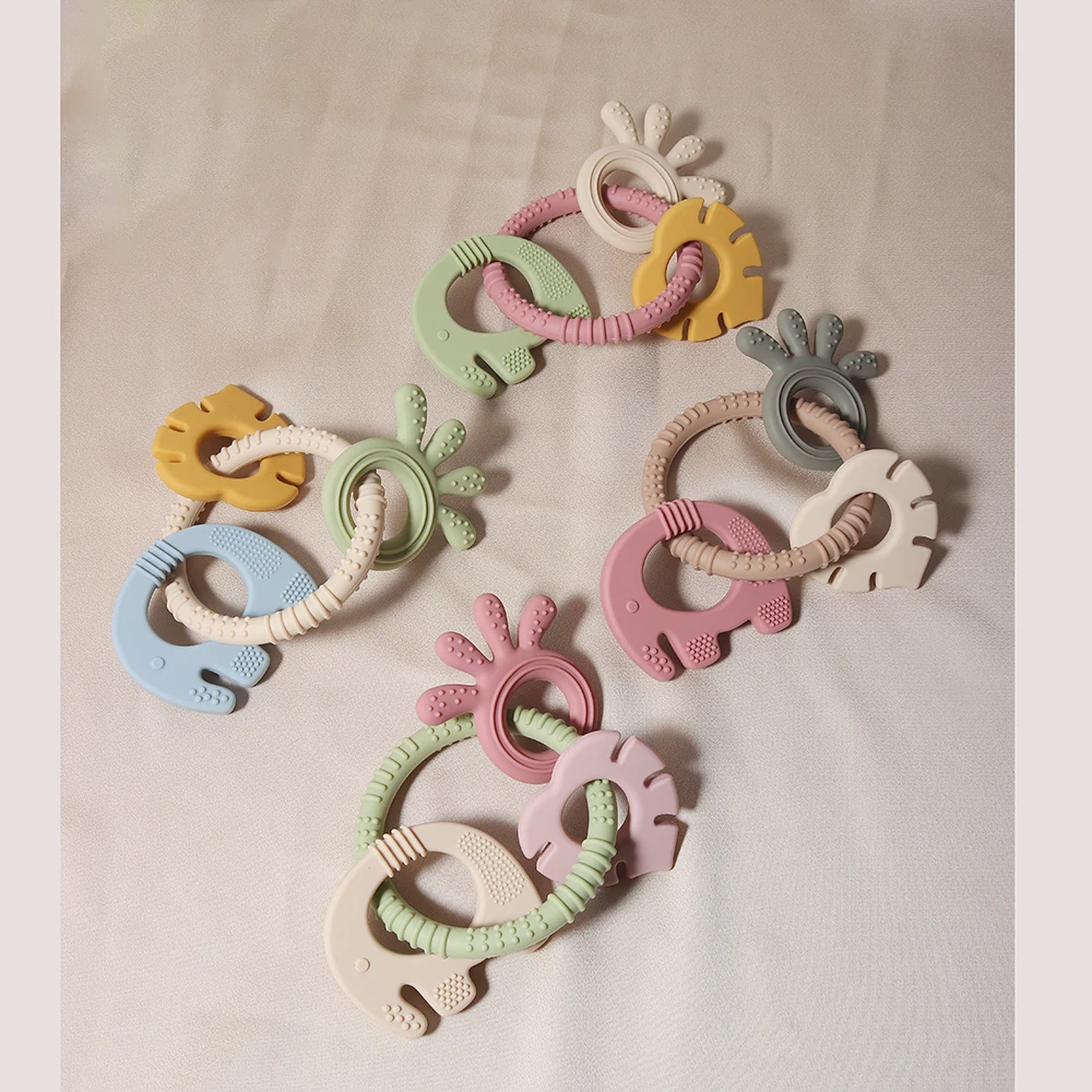 4 In One Baby Silicone Teether Ring BPA Free Rattles Bracelet Food Grade Elephant Cute Octopus Shaped Teething Ring Toys