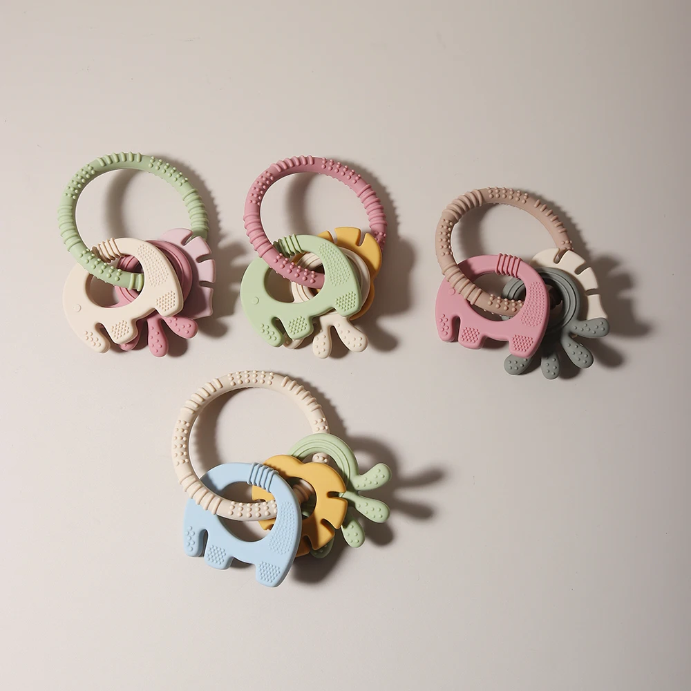 4 In One Baby Silicone Teether Ring BPA Free Rattles Bracelet Food Grade Elephant Cute Octopus Shaped Teething Ring Toys