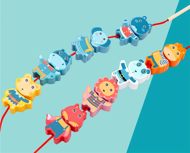 Kids Montessori Wooden Lacing Toy DIY Wooden Beads For Children Cartoon Animals Fruit Letter Digital Beads Threading Toys Gifts