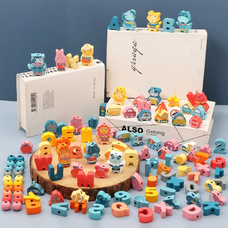 Kids Montessori Wooden Lacing Toy DIY Wooden Beads For Children Cartoon Animals Fruit Letter Digital Beads Threading Toys Gifts