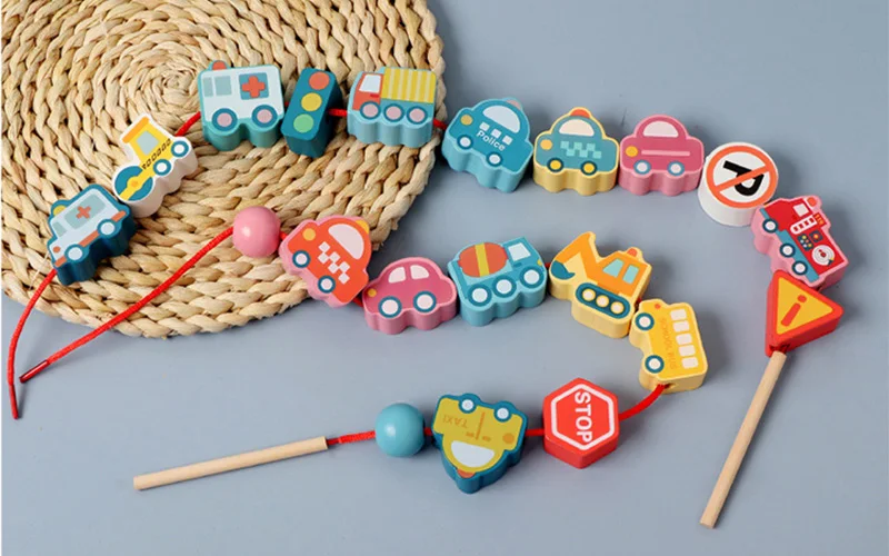 Kids Montessori Wooden Lacing Toy DIY Wooden Beads For Children Cartoon Animals Fruit Letter Digital Beads Threading Toys Gifts