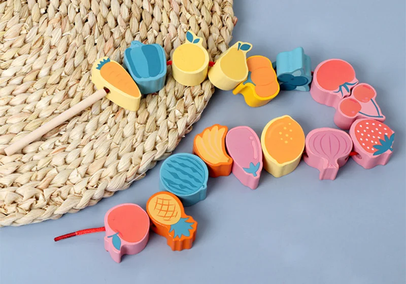 Kids Montessori Wooden Lacing Toy DIY Wooden Beads For Children Cartoon Animals Fruit Letter Digital Beads Threading Toys Gifts