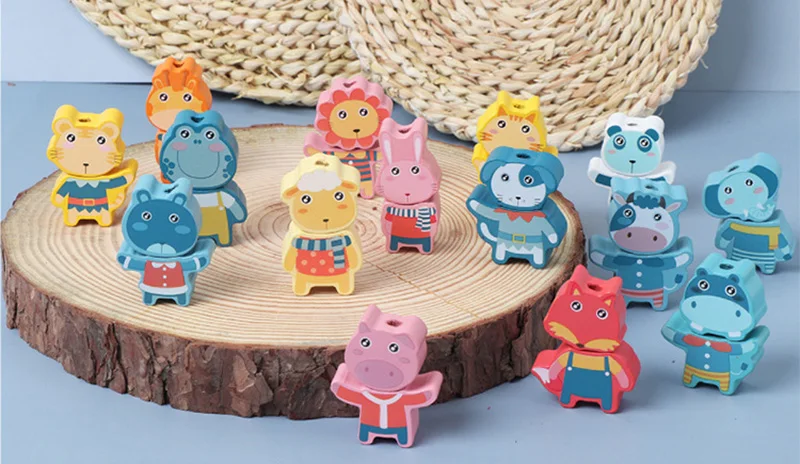 Kids Montessori Wooden Lacing Toy DIY Wooden Beads For Children Cartoon Animals Fruit Letter Digital Beads Threading Toys Gifts