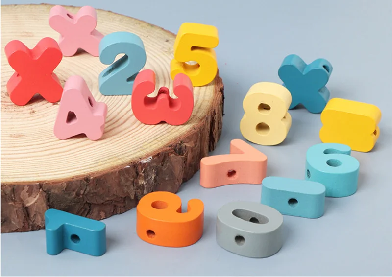 Kids Montessori Wooden Lacing Toy DIY Wooden Beads For Children Cartoon Animals Fruit Letter Digital Beads Threading Toys Gifts