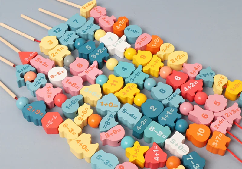 Kids Montessori Wooden Lacing Toy DIY Wooden Beads For Children Cartoon Animals Fruit Letter Digital Beads Threading Toys Gifts