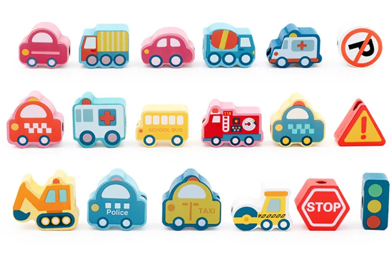 Kids Montessori Wooden Lacing Toy DIY Wooden Beads For Children Cartoon Animals Fruit Letter Digital Beads Threading Toys Gifts