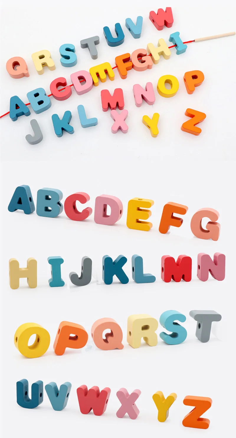Kids Montessori Wooden Lacing Toy DIY Wooden Beads For Children Cartoon Animals Fruit Letter Digital Beads Threading Toys Gifts