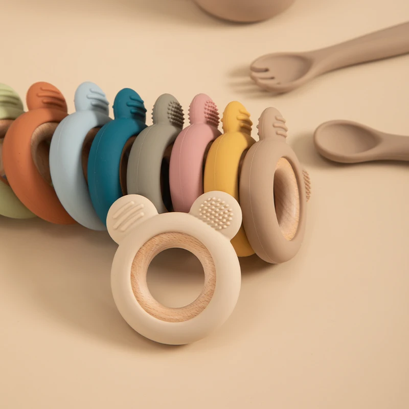 1PC Baby Silicone Wooden Teether Ring Cute Bear Infant Nursing Teething Toys Newborn Health Care Chewing Toy Baby Accessories