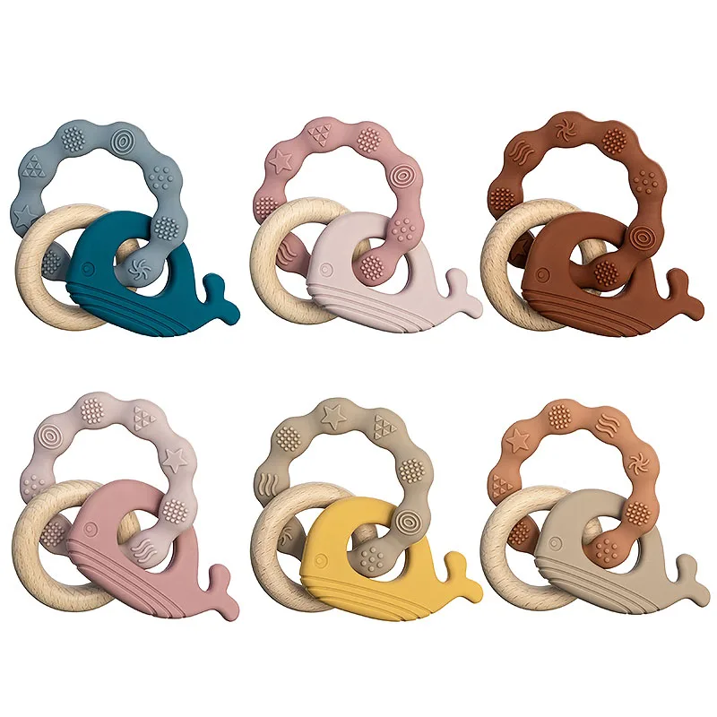 1pc Baby Teether Silicone Bracelet Cute Animal Silicone Pendant Wood Ring Teething Rattle for Baby Accessories Toys