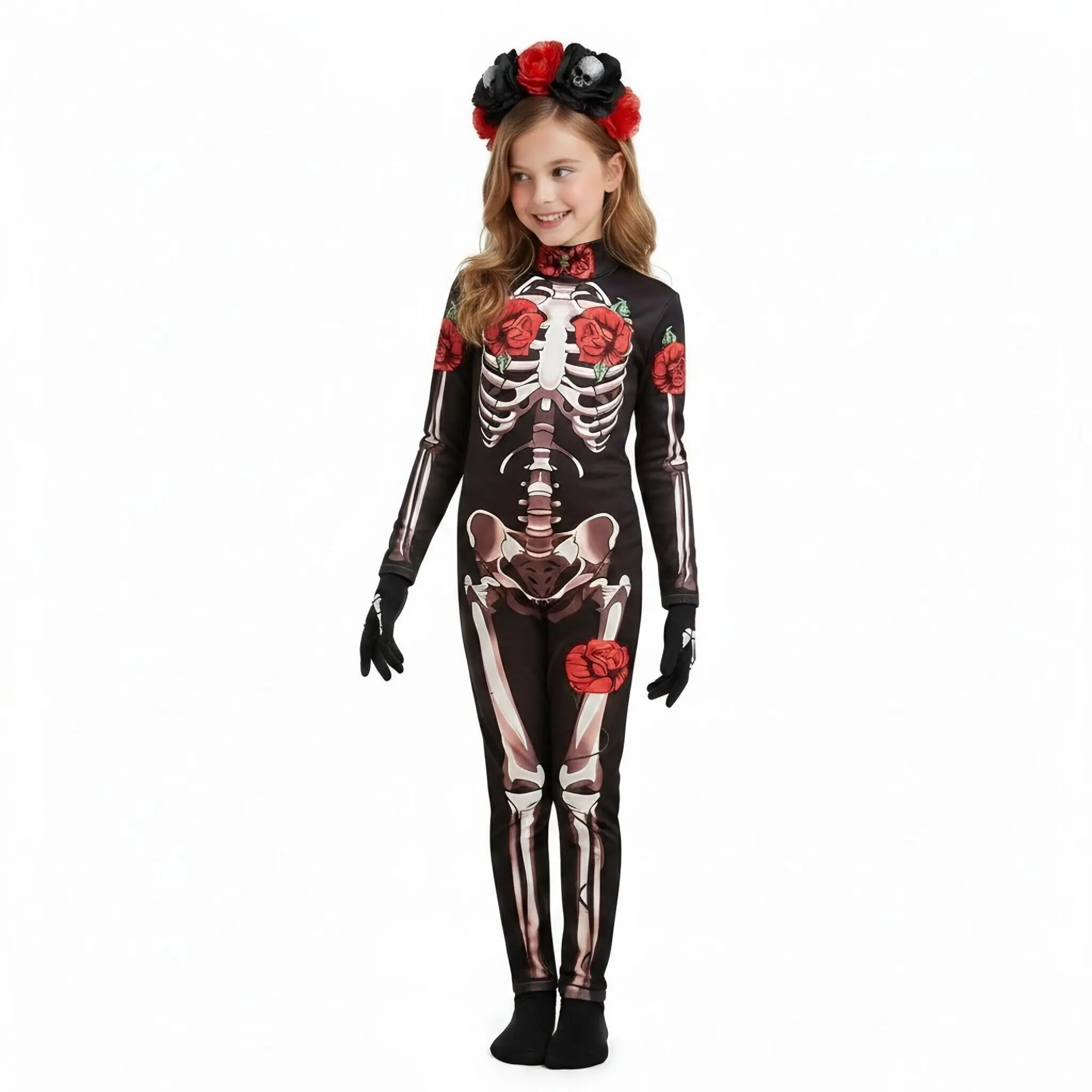 Girls Rose Skeleton Scary Halloween Cosplay Ghost Bride Gothic Jumpsuit Costume Dress Role Play Carnival Children Party Outfit