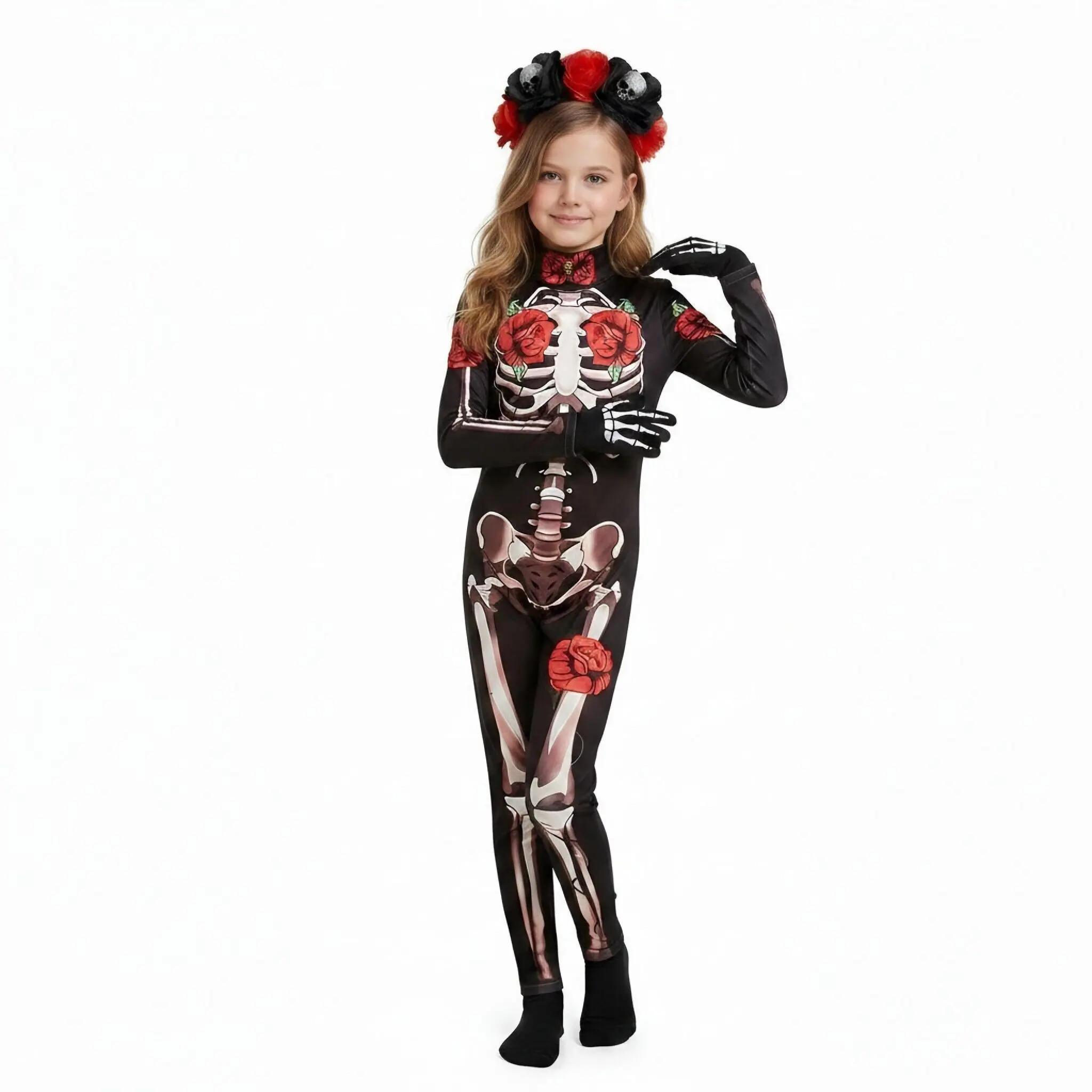 Girls Rose Skeleton Scary Halloween Cosplay Ghost Bride Gothic Jumpsuit Costume Dress Role Play Carnival Children Party Outfit