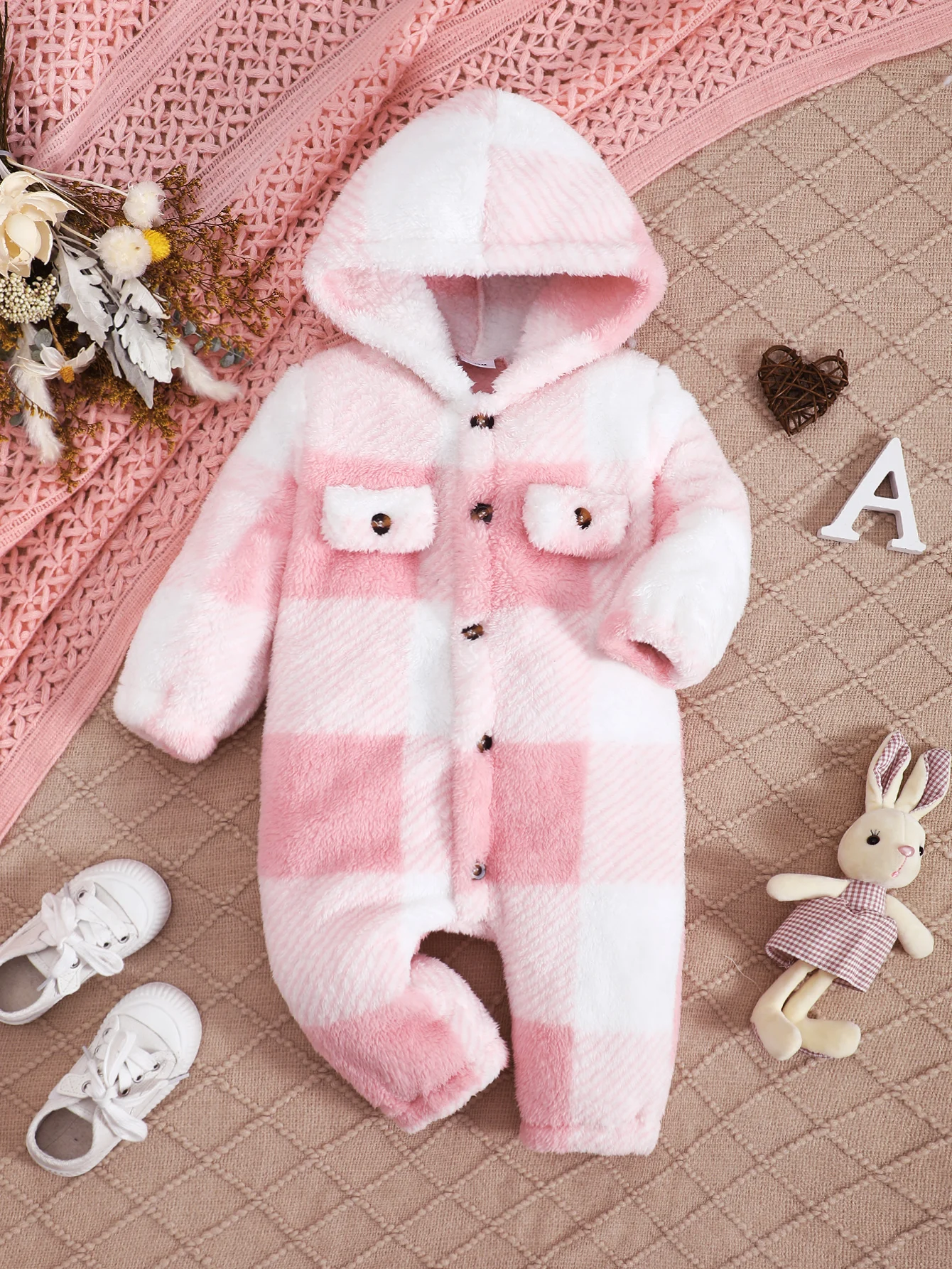 Baby Boys and Girls Plaid Romper Hooded Long Sleeved Plush Jumpsuit Winter Warm Bodysuit Clothes for 3-24 Months Toddler Boy