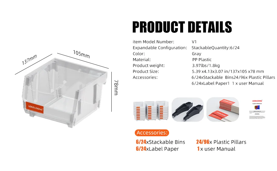 LEADLOONG Transparent Parts Bin 6/24pcs 13.5x10.5x7.6cm/5x4*3inch Classified Storage Box In Maintenance Workshop Garage Tool Bin