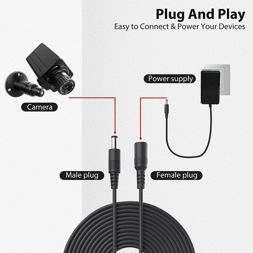 Uvusee CCTV 10Meters 5M 15M 20Meters 2.1x5.5mm Dc 12v Power Extension Cable for Audio Security Cameras Ip Camera Dvr Standalone
