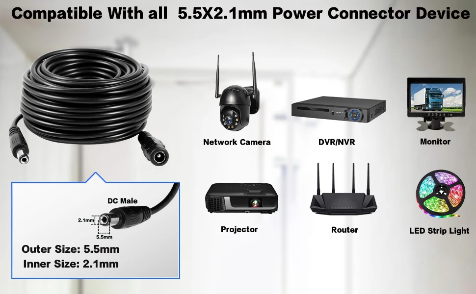 Uvusee CCTV 10Meters 5M 15M 20Meters 2.1x5.5mm Dc 12v Power Extension Cable for Audio Security Cameras Ip Camera Dvr Standalone