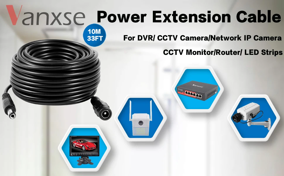 Uvusee CCTV 10Meters 5M 15M 20Meters 2.1x5.5mm Dc 12v Power Extension Cable for Audio Security Cameras Ip Camera Dvr Standalone