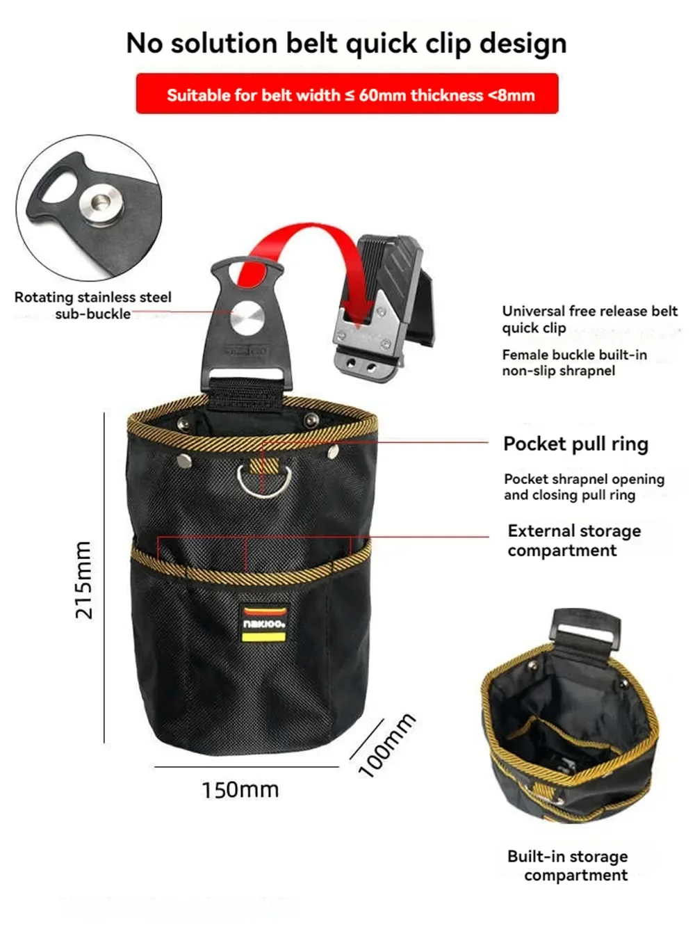 NAKIOO Nail Screw Storage Bag with Buckle Quick Hanging Can Tighten Tool Bag for Carpenter Electrician Cylinder