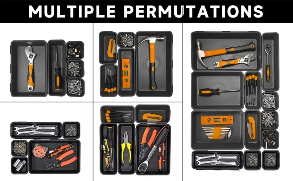 61/45/34/24/9PCS Desk Drawer Organizers 5 Size Interlocking Shallow Tool Organizer Tray Dividers Toolbox Storage Bins Container