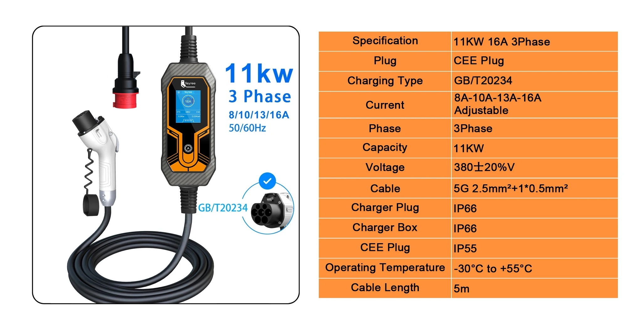 Feyree EV Charger GB/T Cord 16A 3.5KW 1Phase Portable Charger Box 32A 7KW Current Adjustable 11KW 16A 3 Phase for Electric Car