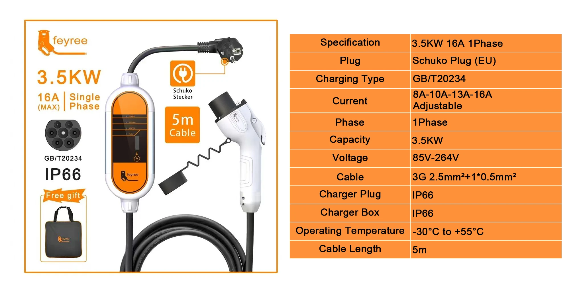 Feyree EV Charger GB/T Cord 16A 3.5KW 1Phase Portable Charger Box 32A 7KW Current Adjustable 11KW 16A 3 Phase for Electric Car