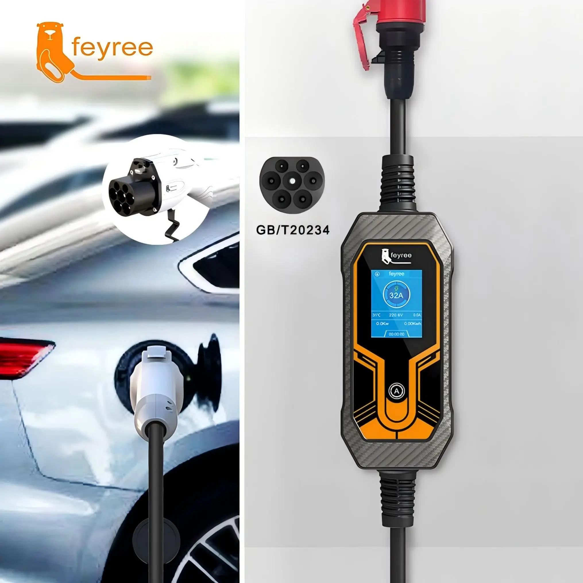 Feyree EV Charger GB/T Cord 16A 3.5KW 1Phase Portable Charger Box 32A 7KW Current Adjustable 11KW 16A 3 Phase for Electric Car