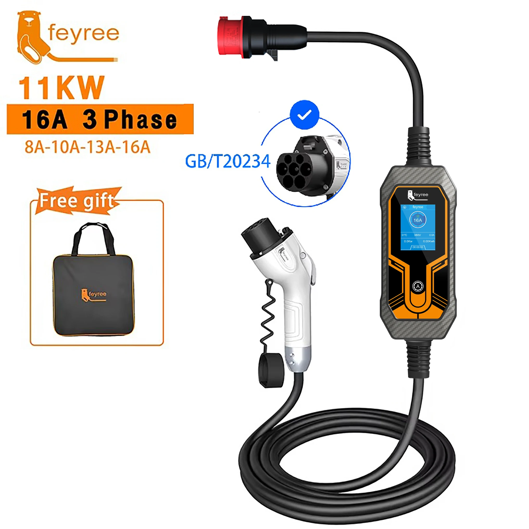 Feyree EV Charger GB/T Cord 16A 3.5KW 1Phase Portable Charger Box 32A 7KW Current Adjustable 11KW 16A 3 Phase for Electric Car