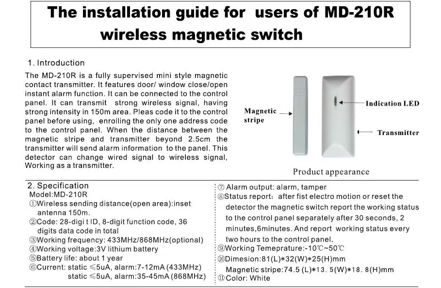 Meian 433Mhz Or 868Mhz Frequency MD-210R Door Window Detector Door Magnetic Sensor Alarm Works With Focus Alarm System