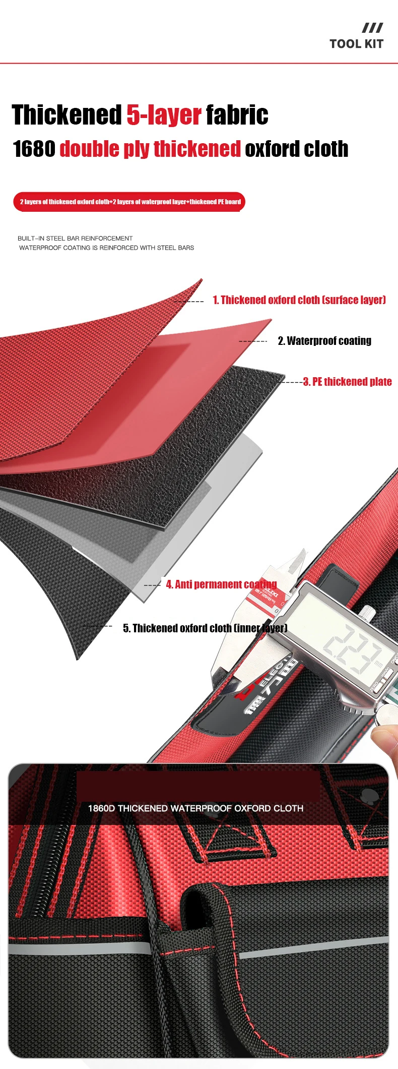 1680D Oxford Cloth Tool Bag Professional Electrician Wrench Waterproof Working Multifunction Organizing Storage Tool Bag
