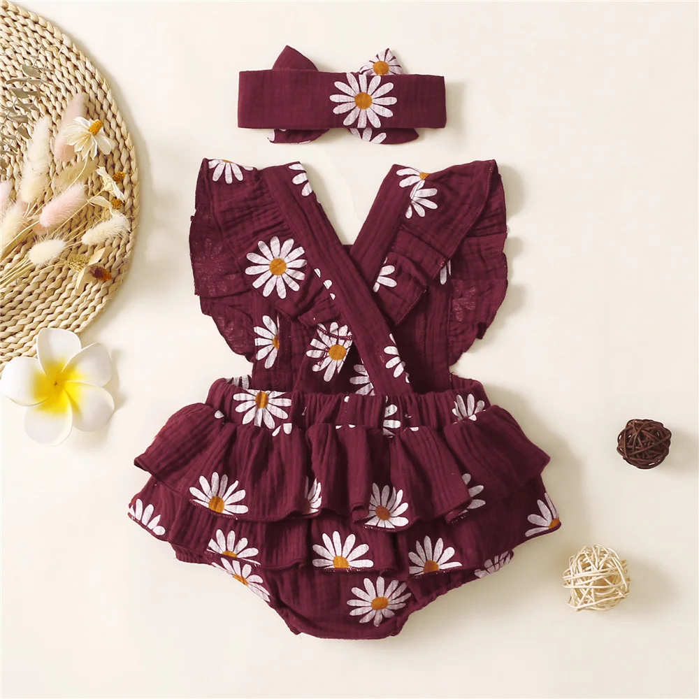 Infant Baby Girl Romper Clothes Ruffle Sleeveless Newborn Bodysuit with Headband Summer Jumpsuit Fashion Toddler Outfit Suit