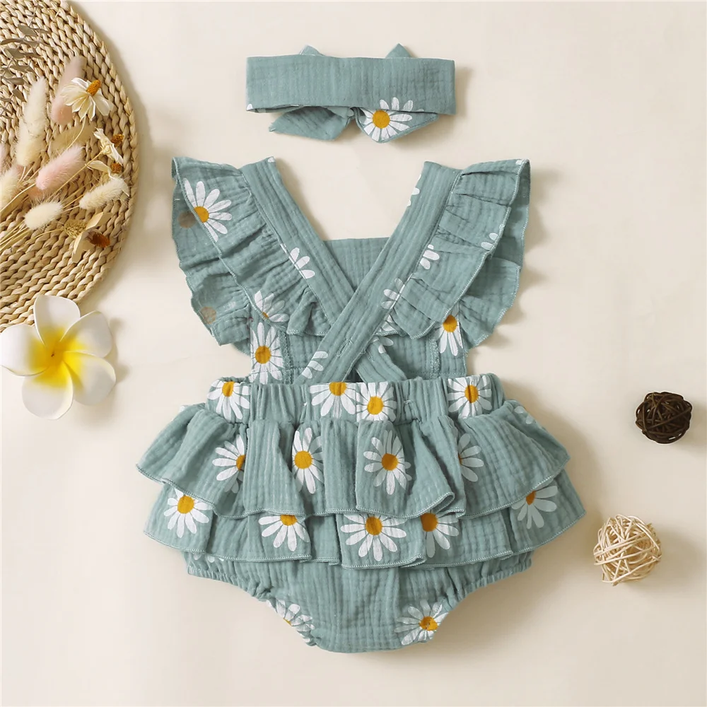 Infant Baby Girl Romper Clothes Ruffle Sleeveless Newborn Bodysuit with Headband Summer Jumpsuit Fashion Toddler Outfit Suit