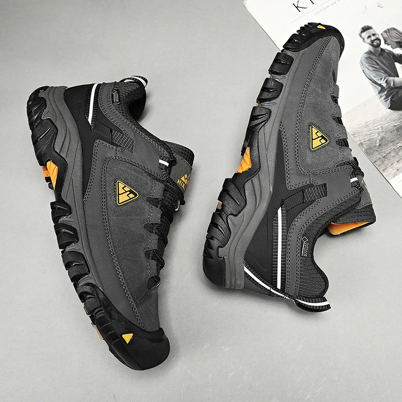 HIKEUP New High Quality Men Hiking Shoes Durable Leather Climbing Shoes Outdoor Walking Sneakers Rubber Sole Factory Outlet