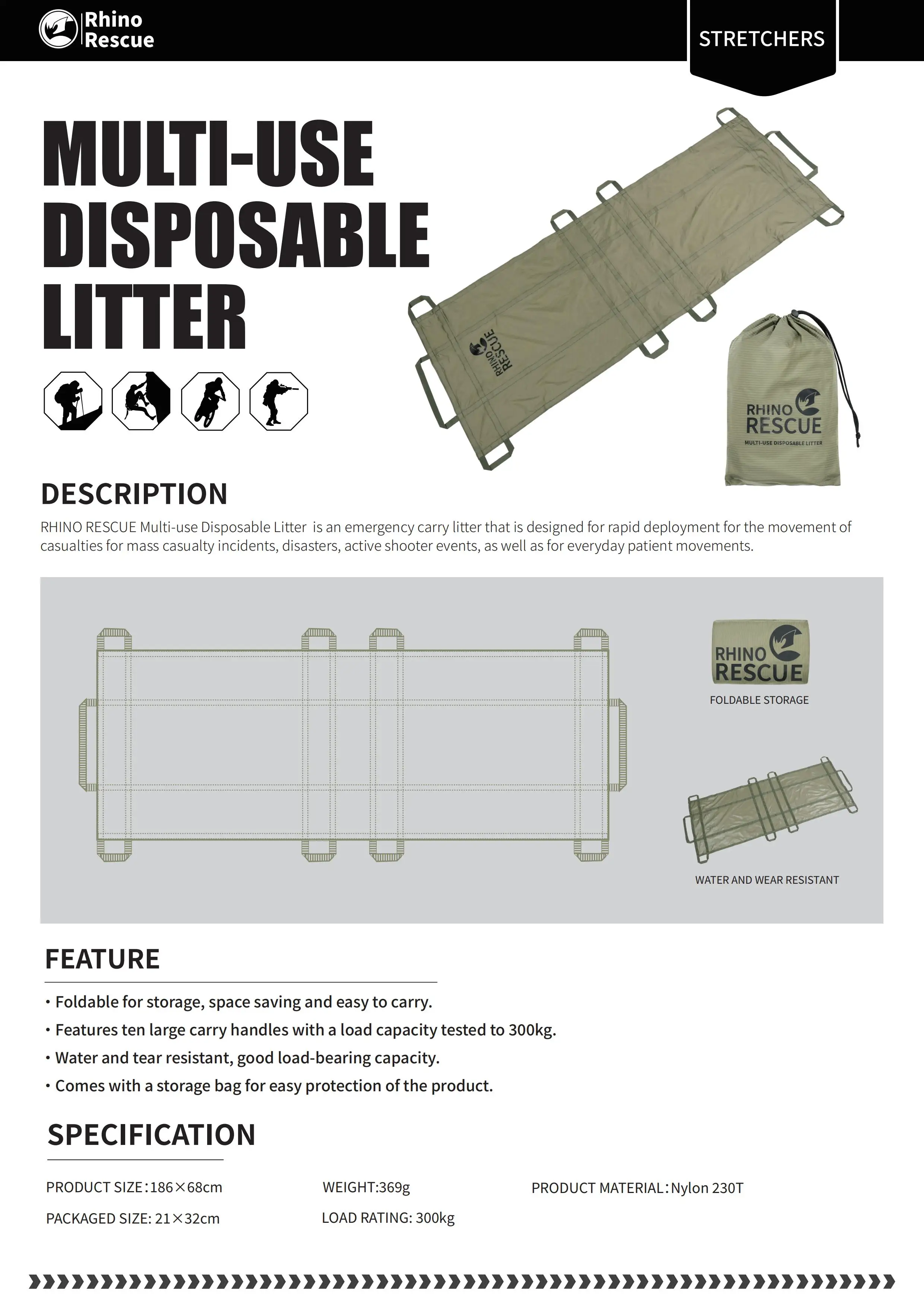 RHINO RESCUE Disposable Emergency Stretcher Portable Rescue Litter for Outdoor Camping First Aid Kit IFAK