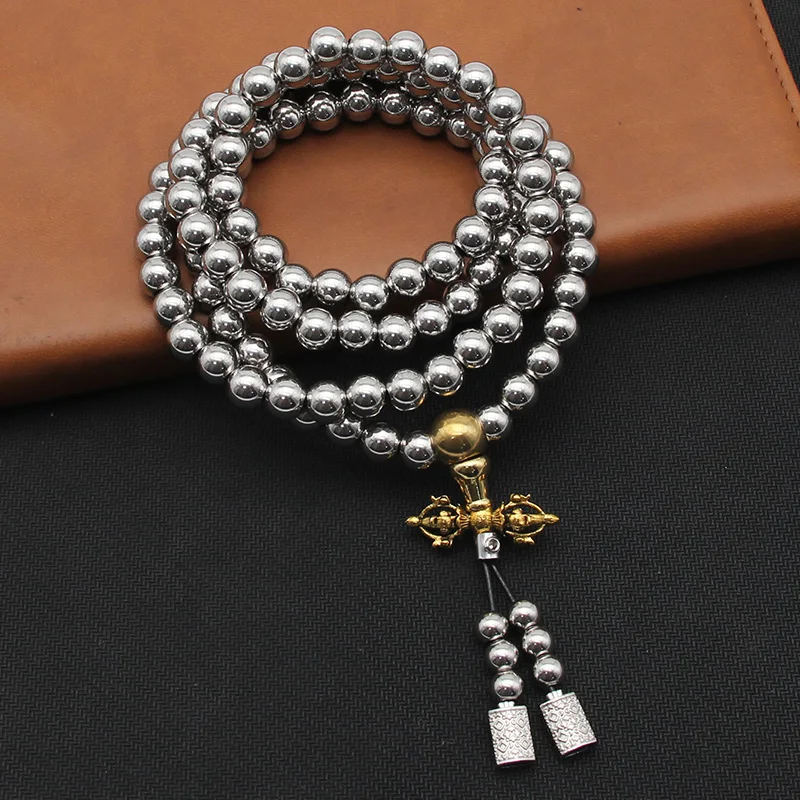 Tactical 8MM Steel Chain 118-128 Ps Buddha Beads Self Defense Hand Bracelet Necklace EDC Outdoor Tools Self Protection Survival