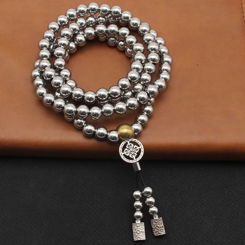 Tactical 8MM Steel Chain 118-128 Ps Buddha Beads Self Defense Hand Bracelet Necklace EDC Outdoor Tools Self Protection Survival