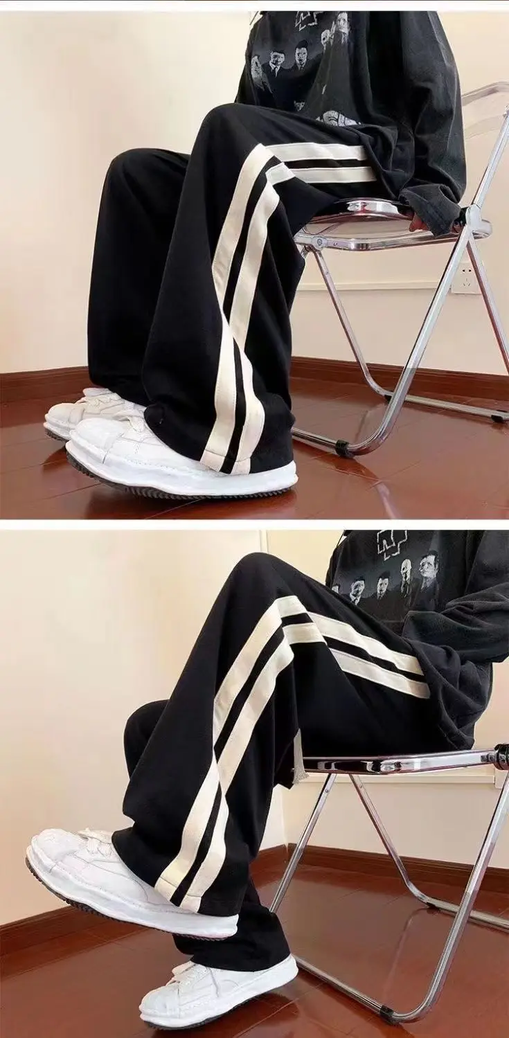 2025 Korean Fashion Wide Leg Pant Women Loose Casual Striped High Waist Woman Hiphop Elastic Waists Pocket Straight Pants