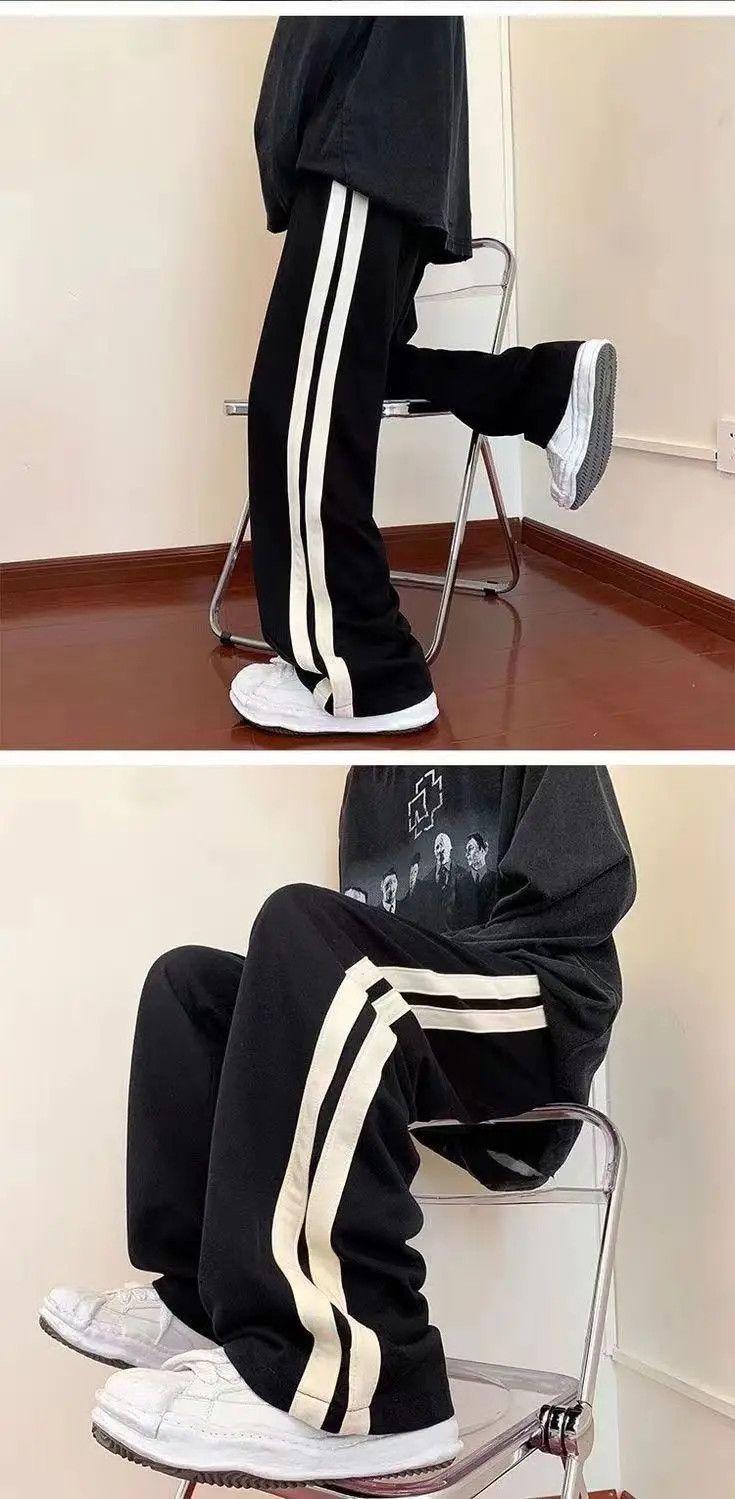 2025 Korean Fashion Wide Leg Pant Women Loose Casual Striped High Waist Woman Hiphop Elastic Waists Pocket Straight Pants