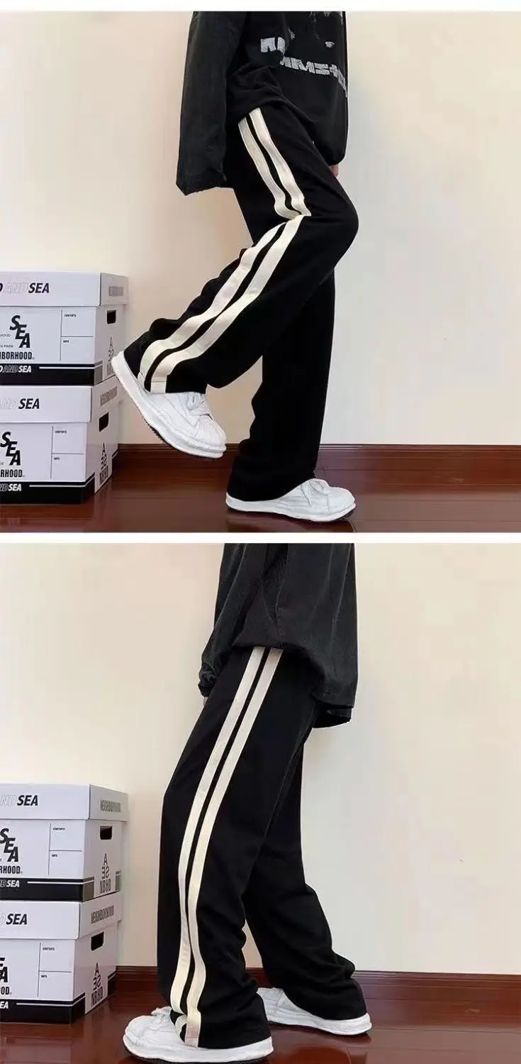 2025 Korean Fashion Wide Leg Pant Women Loose Casual Striped High Waist Woman Hiphop Elastic Waists Pocket Straight Pants