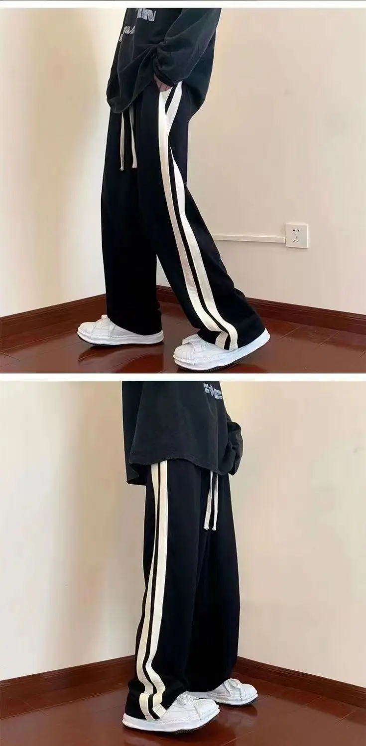 2025 Korean Fashion Wide Leg Pant Women Loose Casual Striped High Waist Woman Hiphop Elastic Waists Pocket Straight Pants