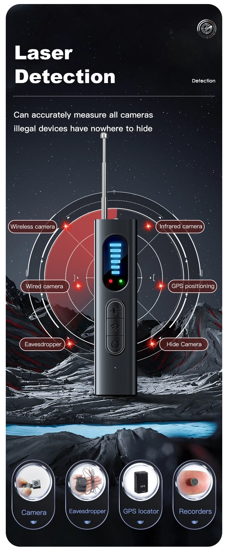 Hidden Camera Detector Anti-Spy Car GPS Tracker Listening Device Bug RF Wireless All Signal Scanner Gadget Security Protection