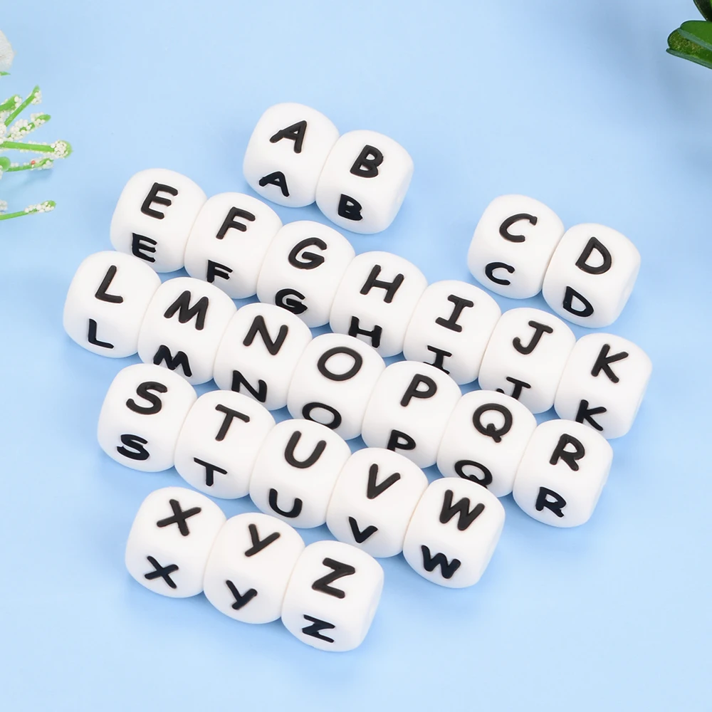 LOFCA 40PCS/Lot Alphabet 12mm Food Grade Letter Silicone Beads Baby Bead Pacifier Chain BPA Free for Name Make DIY Necklace
