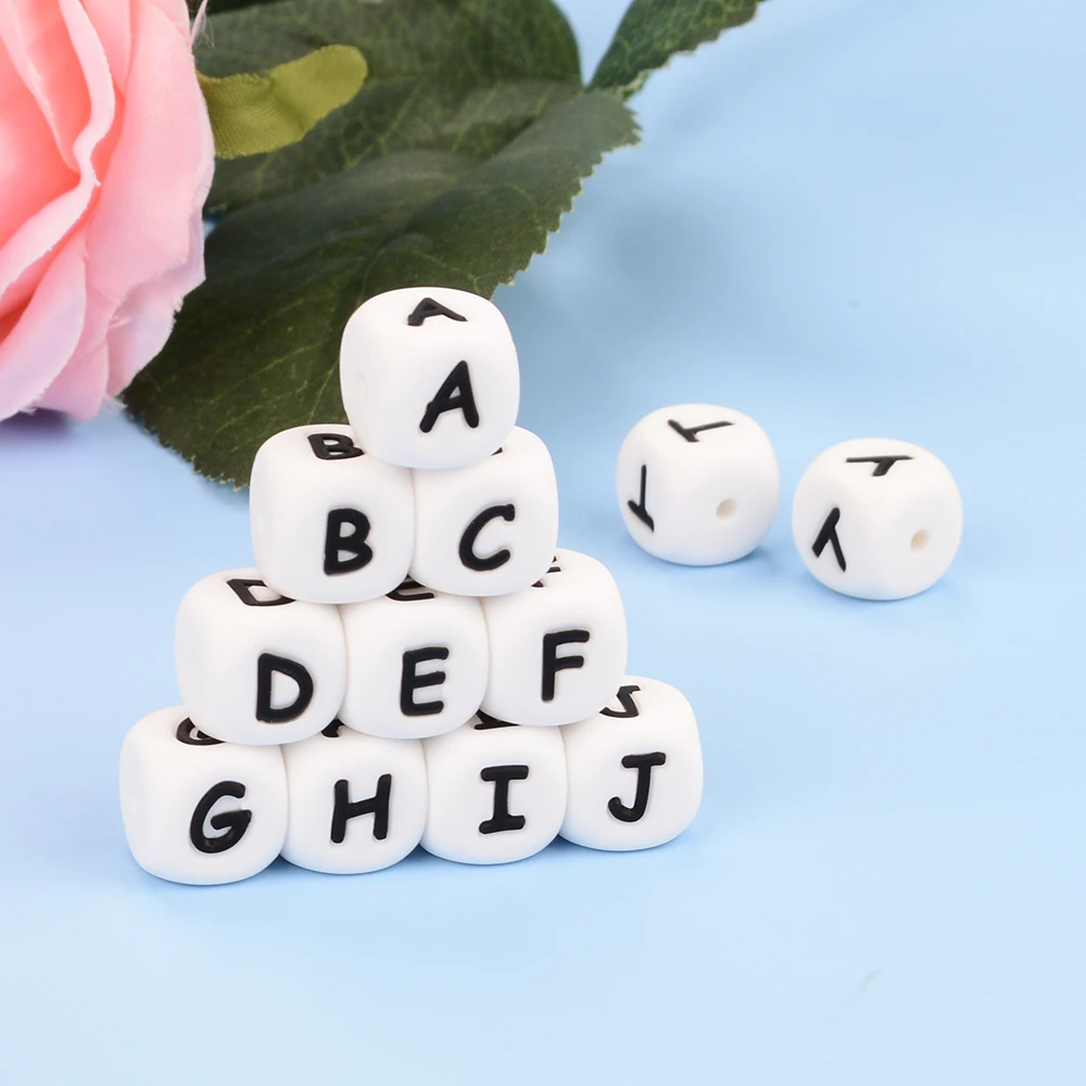 LOFCA 40PCS/Lot Alphabet 12mm Food Grade Letter Silicone Beads Baby Bead Pacifier Chain BPA Free for Name Make DIY Necklace
