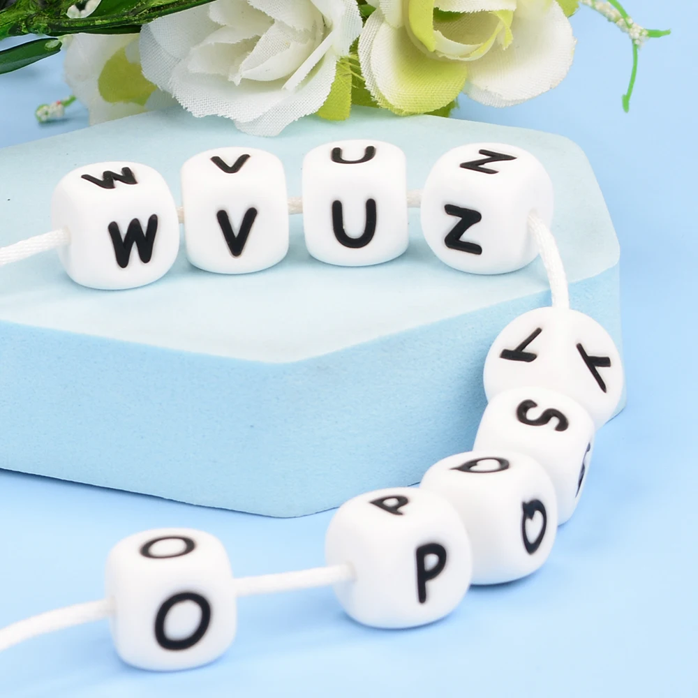 LOFCA 40PCS/Lot Alphabet 12mm Food Grade Letter Silicone Beads Baby Bead Pacifier Chain BPA Free for Name Make DIY Necklace