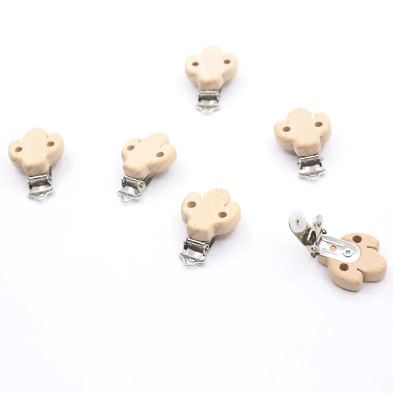 5Pcs Wooden Rainbow Bear Flower Cart Heart Shaped Bird Elephant Round Star Clip Free DIY Baby Natural Pacifier Chain Accessories