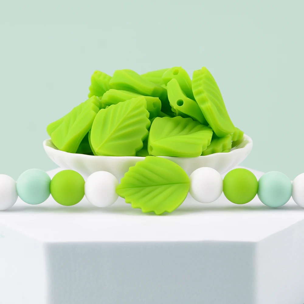 LOFCA  10PCS Leaf Baby Teething Silicone Beads Leaves DIY Food Grade Silicone Toy BPA Free Chew Nurse Gift Teethers Accessories