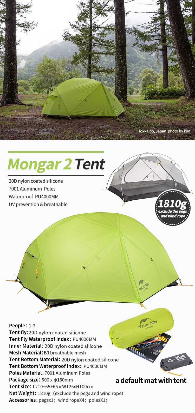 Naturehike Mongar Tent Camping Tent 2 Person Ultralight Professional Waterproof & Windproof Backpack Tent 20D Nylon Travel Tent