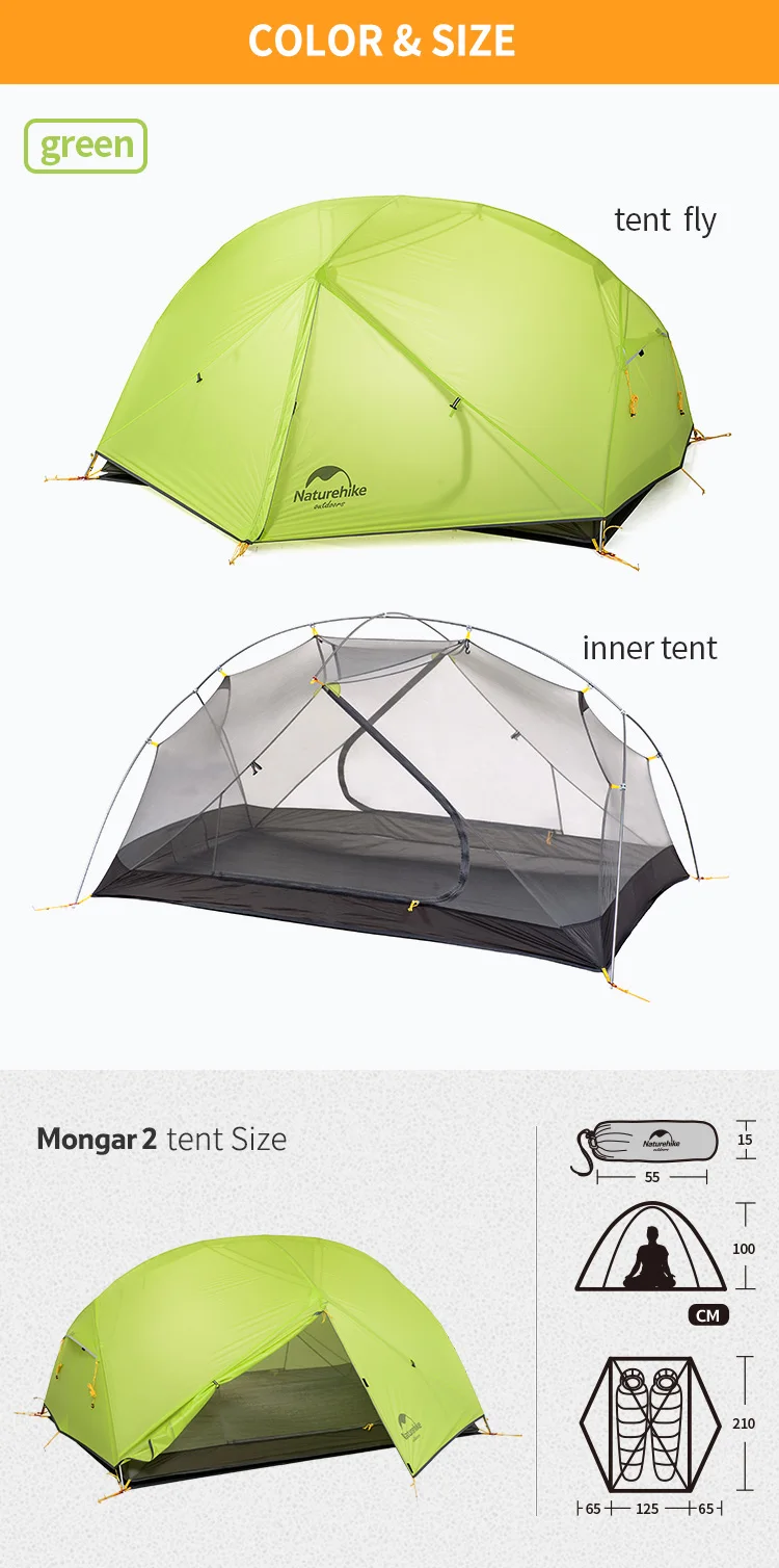 Naturehike Mongar Tent Camping Tent 2 Person Ultralight Professional Waterproof & Windproof Backpack Tent 20D Nylon Travel Tent