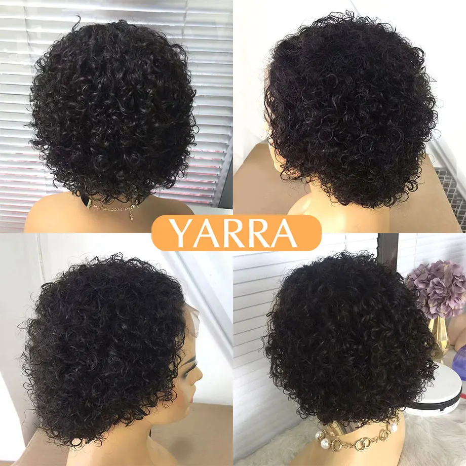 Short Pixie Cut Wig Human Hair 6 Inch 13x1 Brazilian Remy Hair Curly Bob Wig Transparent Lace Wig Preplucked Hairline Yarra