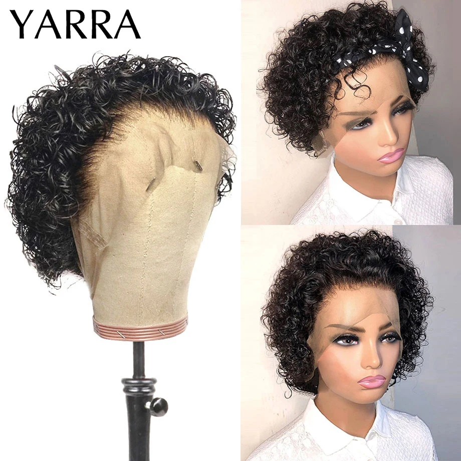 Short Pixie Cut Wig Human Hair 6 Inch 13x1 Brazilian Remy Hair Curly Bob Wig Transparent Lace Wig Preplucked Hairline Yarra