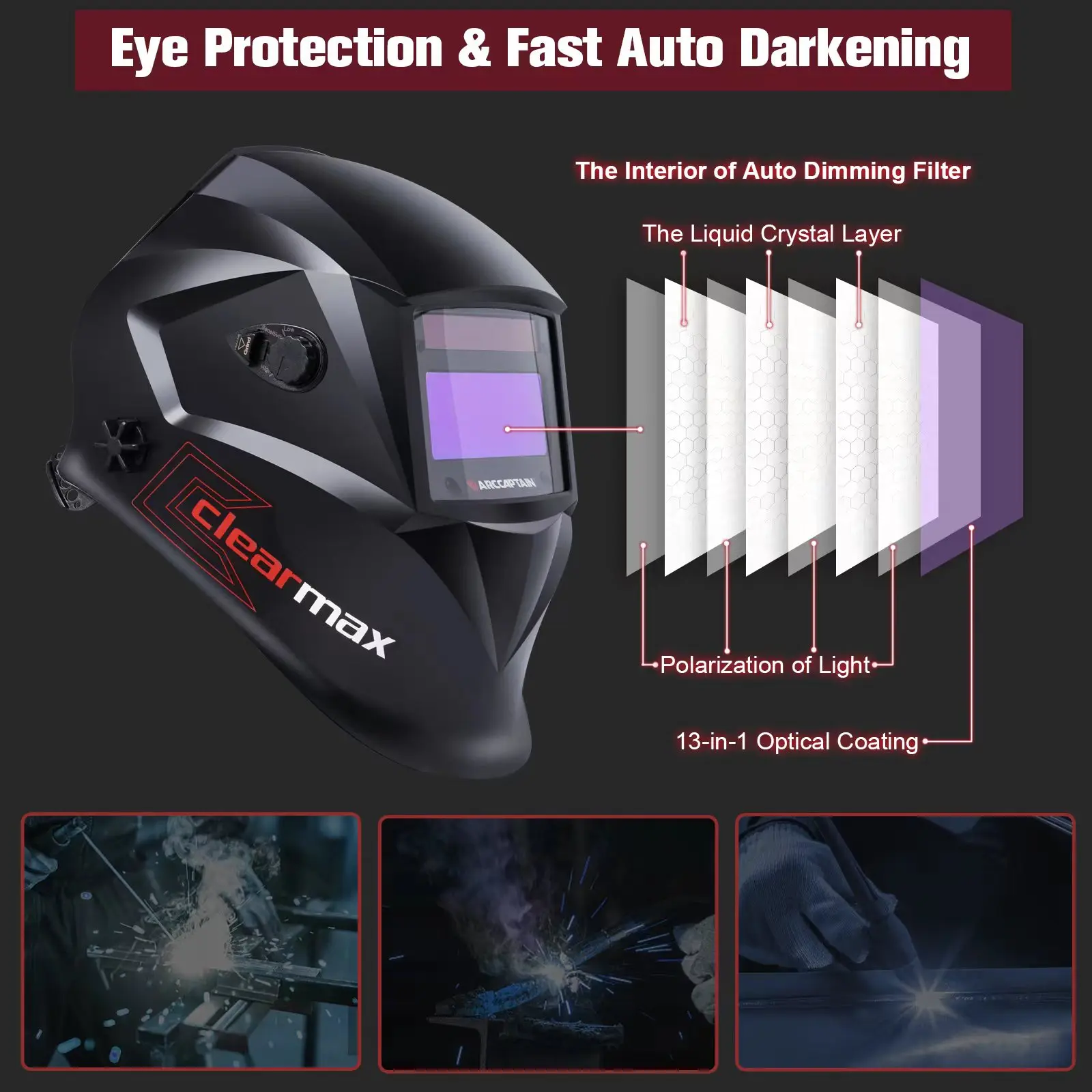 ARCCAPTAIN Welding Helmet Welder Mask Chameleon Large View True Color Solar Power Auto Darkening Welding For Arc Weld Grind Cut